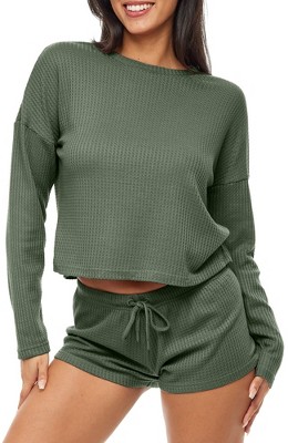 Adr Women's Ribbed Knit Pajamas Set, Long Sleeve Top And Pajama Thermal  Underwear Shorts Green 2x Large : Target