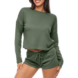 ADR Women's Pajamas Set, Soft Ribbed Knit Waffle Pajamas Lounge Set, Long Sleeve Sweater Top and Pajama Shorts Drawstring - 1 of 4