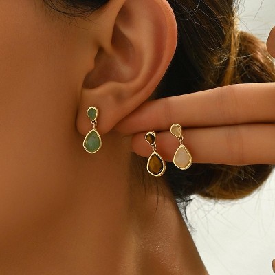 Paaaawaters Tri-Color Gemstone Earrings Set, Handmade Inlay Jewelry with Pink Green & Tiger Eye, Lightweight 8g Gift