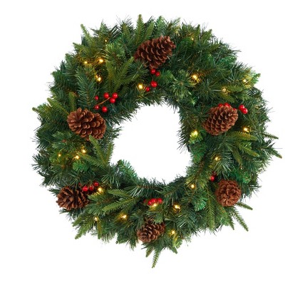 Nearly Natural 24” Mixed Pine Artificial Christmas Wreath with 35 Clear LED Lights and Berries