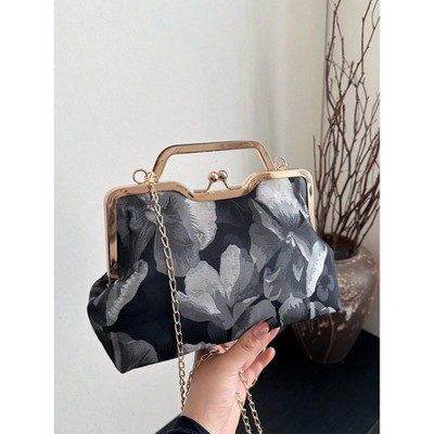 Hachikiko Vintage Floral Clasp Frame Bag - Women's Black & Gray Floral Print Handbag with Chain Strap, Crossbody Purse