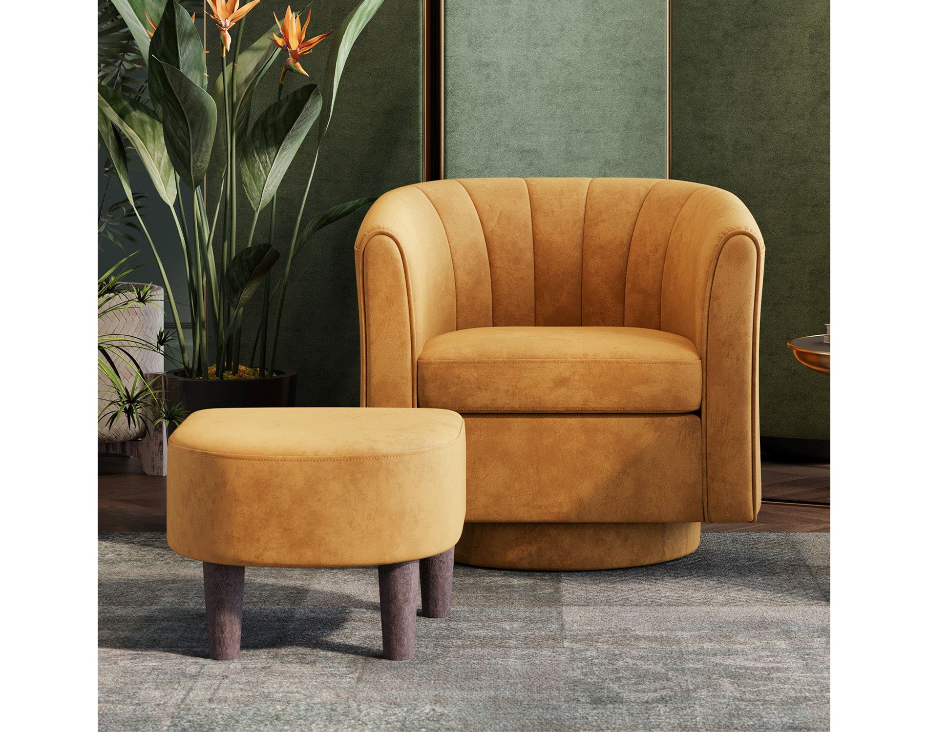 LINSY HOME Swivel Accent Chair Ottoman Set, Velvet Small Barrel Chair with Foot Rest