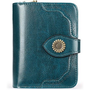 Small Womens Wallet Leather RFID Blocking with Multiple Card Slots and Zipper Coin Pocket,Peacock Blue - 1 of 4
