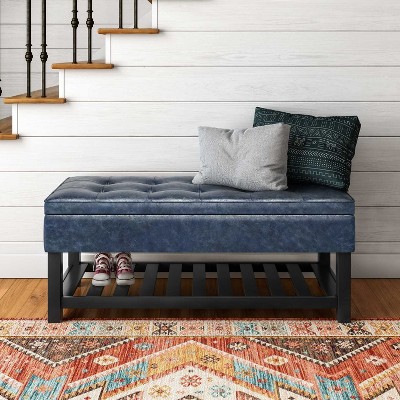 CAVINAS Faux Leather Storage Ottoman Bench,Upholstered Ottoman with Open Slat Bottom Shelf for Living Room,Bedroom