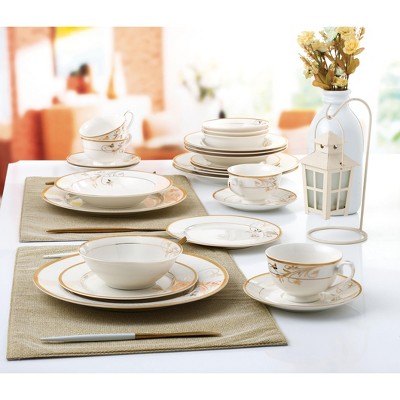 Rosalia Gold Floral Embossed Bone China Dinnerware Set, Service for 4