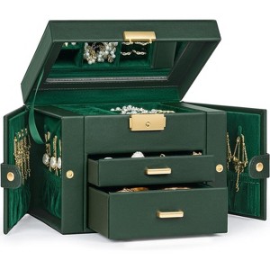 Leather Jewelry Box with Mirror & Lock, 3-Tier Organizer with 2 Drawers for Necklaces & Bracelets - 1 of 4