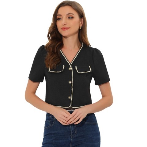 Allegra K Women's Collarless Contrast Trim Short Sleeve Tweed Blazer Black Large