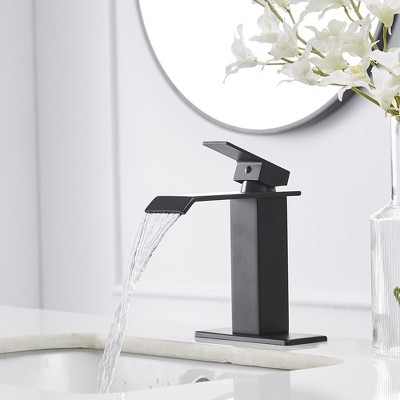 Matte Black Single-Handle Waterfall Bathroom Faucet with Supply Line