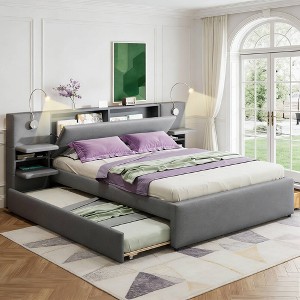 Luxystar Queen Size Upholstered Platform Bed with Flip-up storage Headboard, Reading Lights, 2 Drawers, Shelves and Trundle - 1 of 4