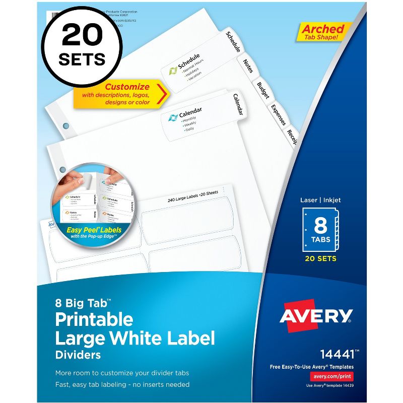 Avery Big Tab Large White Label Tab Dividers 8-Tab Letter 14441, 1 of 8