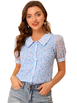 Allegra K Women's Floral Button Down Collar Semi Sheer Sweet Puff Sleeve Blouse Shirt