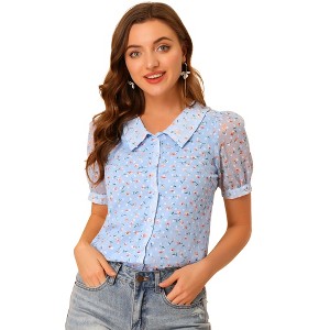 Allegra K Women's Floral Button Down Collar Semi Sheer Sweet Puff Sleeve Blouse Shirt - 1 of 4