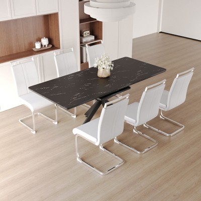 NicBex 62.4"-78.15" Dining Table Set for 6 Modern Extendable Dining Table with Metal Base with 6 Upholstered Chairs