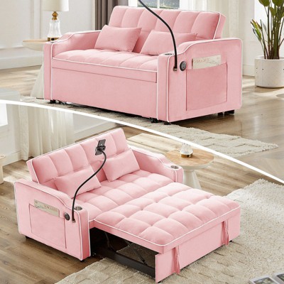 TIRAMISUBEST 3 in 1 Velvet Foldable Sofa Bed, Multi-purpose Convertible Sofa, USB Port, Adjustable Backrest, Swivel Stand, Pink