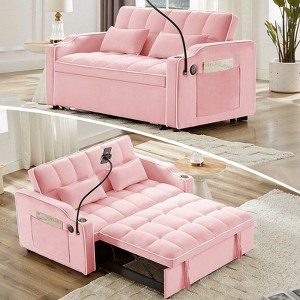 TIRAMISUBEST 3 in 1 Velvet Foldable Sofa Bed, Multi-purpose Convertible Sofa, USB Port, Adjustable Backrest, Swivel Stand, Pink - 1 of 4
