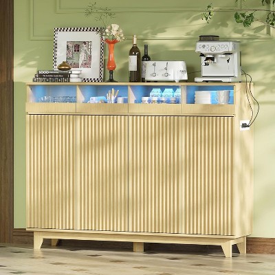55" Sideboard Buffet Cabinet with Storage, Minimalist Credenza Kitchen Table with 2 AC Power Outlets and Drawer with LED Lights