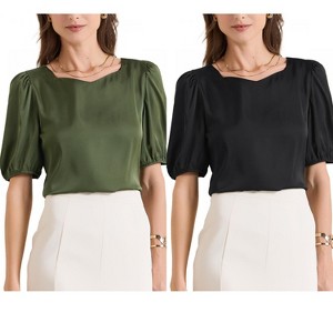 INSPIRE CHIC Women's Work Elegant Sweetheart Neck Half Puff Sleeve Office Work Satin Blouse 2 Packs - 1 of 4