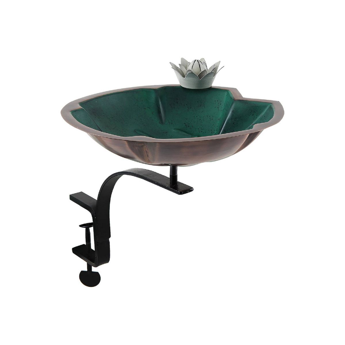 Achla Designs 14.75" Rail-Mounted Lilypad Birdbath: Antique Patina Finish, Steel Construction, No-Drill Bracket