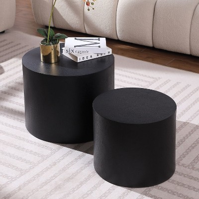 Black Round Coffee Table Set of 2 Black Nesting Side Table End Table Modern Drum Side Table for Small Space Living Room Office Bedroom Cuddlewood
