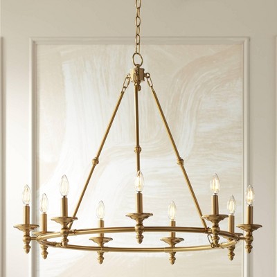 Antique Gold 9-Light Brass Wagon Wheel Chandelier