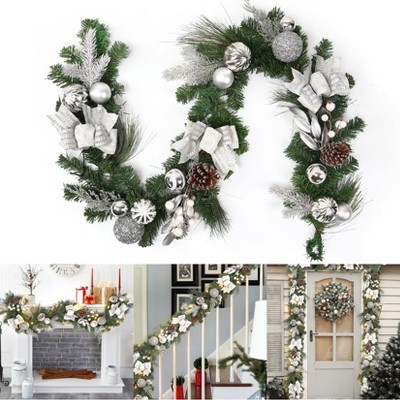 6 ft Pre-Lit Christmas Garland with Lights, Ball Ornaments, Leaves, Ribbon Bows & Pine Cones, Christmas Decorations for Mantle, Staircase, Doorway