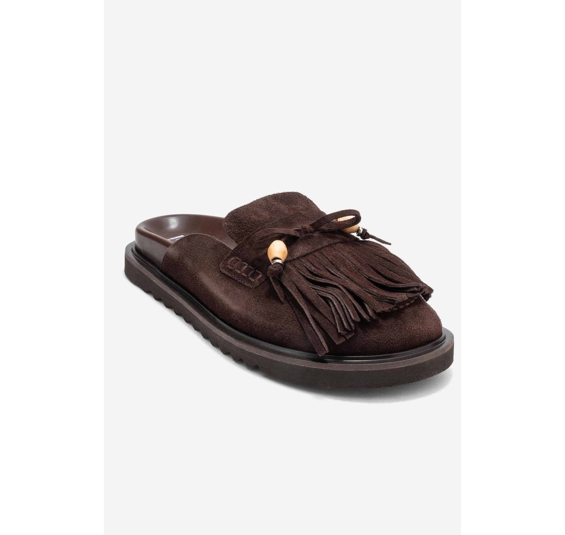 Carol - Brown Tassel-Detail Genuine Leather Closed-Toe Mule (Women) | Forever & Always Shoes