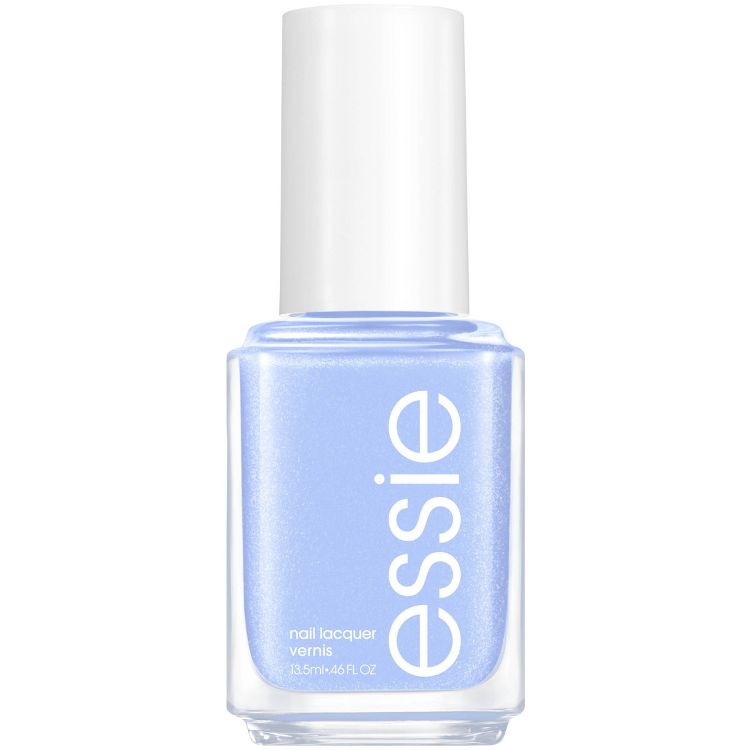 A bottle of light blue colored nail polish with "essie" written on the front and a white cap.
