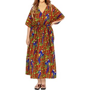 LA LEELA Women's House Daily Routine Evening Wear Loungewear Slit Dress Cover Up Long Caftan Plus Size Kaftan Maxi Dresses for Women 2X-3X Red, Tree - 1 of 4