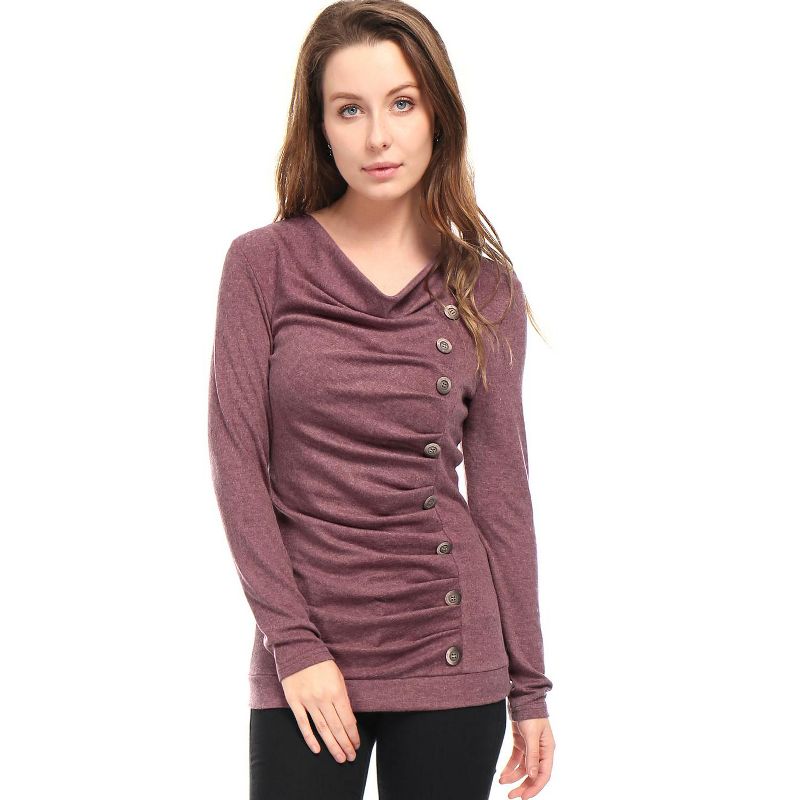 Allegra K Women's Cowl Neck Long Sleeves Buttons Decor Ruched Top, 4 of 8