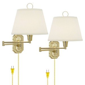 Barnes and Ivy Fredericks Modern Wall Lamps Set of 2 Brass Plug-in 12" Light Fixture Swing Arm Ivory Shade for Bedroom Living Room Bathroom Home - 1 of 4