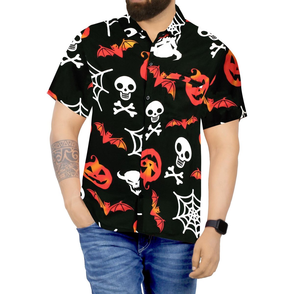 LA LEELA Mens Hawaiian Short Sleeve Button Down Shirt Men's Halloween Costumes Shirt Holiday Party Shirts for Men 3XL Black Pumpkin