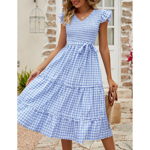 Vestido midi con fruncido, manga corta con vuelo y volantes 2