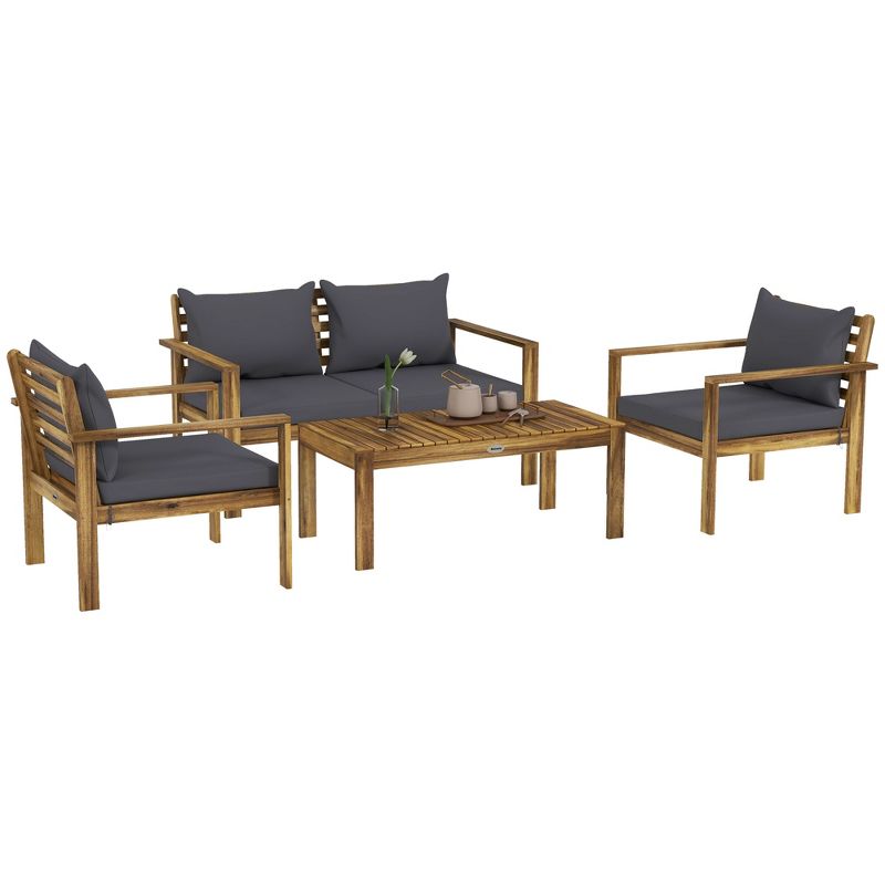 Outsunny 4 Piece Wood Outdoor Furniture Set, Patio Sofa Set with Cushions, Table for  Backyard Lawn Porch, Gray, 1 of 7