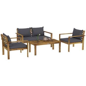 Outsunny 4 Piece Wood Outdoor Furniture Set, Patio Sofa Set with Cushions, Table for  Backyard Lawn Porch, Gray