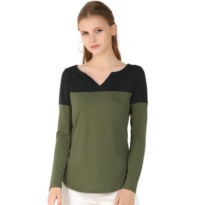 Allegra K Women's Casual Color Block Stretch Long Sleeves Split V-Neck T-Shirt