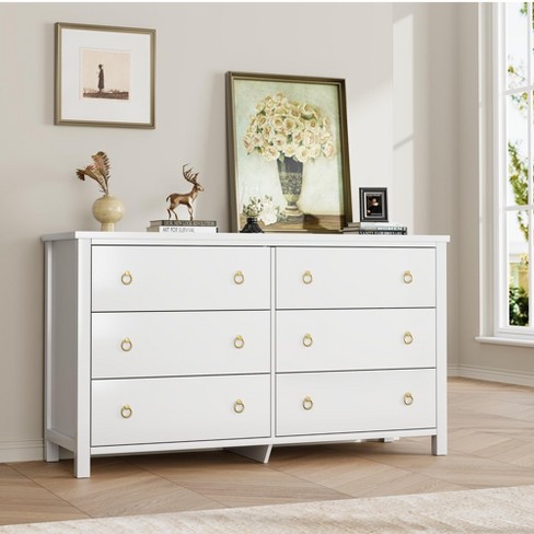 6 Dresser for Bedroom, 47.2" Wide Dresser, Modern Wide Drawer Dresser with Storage, Wooden Closet Dressers Chest of Drawers, White - image 1 of 4