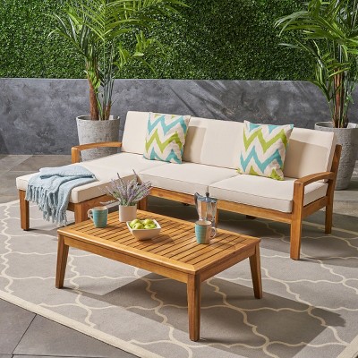 Outdoor Sectional Sofa Set, 3 Pcs Acacia Sofa Set for 3 People, Sectional Sofas with Acacia Table, Wood Frame and PE Cushions-Coolbibila