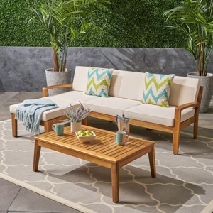 Outdoor Sectional Sofa Set, 3 Pcs Acacia Sofa Set for 3 People, Sectional Sofas with Acacia Table, Wood Frame and PE Cushions-Coolbibila - 1 of 4