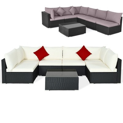 Tangkula 7PCS Rattan Patio Conversation Sectional Furniture Set w/ Cushion Pillow