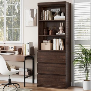 70" Tall Bookcase with Storage – Modern Wooden Deep Shelves (3-Tier Open + 3 Drawers), Organizer for Library/Office/Living Room - 1 of 4