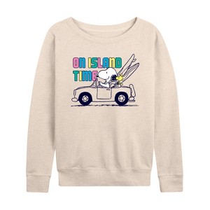 Women's - Peanuts - On Island Time Lightweight French Terry Wide Neck Long Sleeve Shirt - 1 of 4