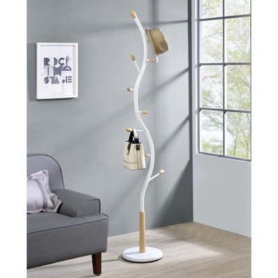 Arles 75" White and Oak Modern Metal Standing Coat Rack