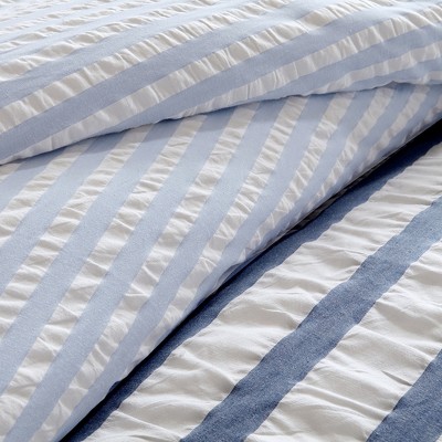 King Blue Seersucker Striped Cotton Comforter Set
