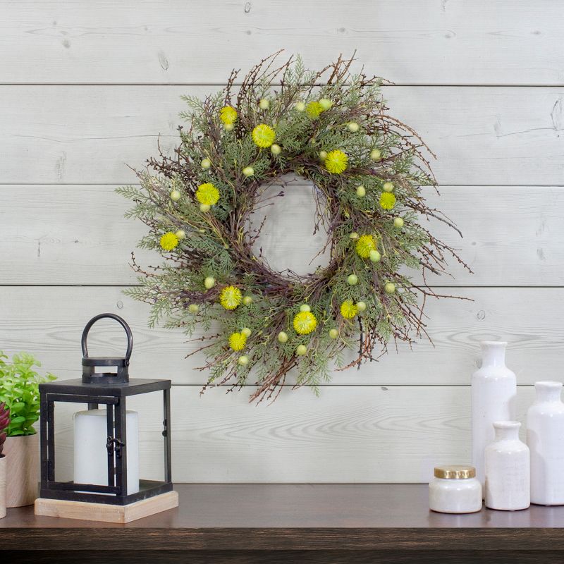 Northlight Burrs and Craspedia Artificial Twig Wreath, Yellow and Green - 20-Inch, 2 of 5