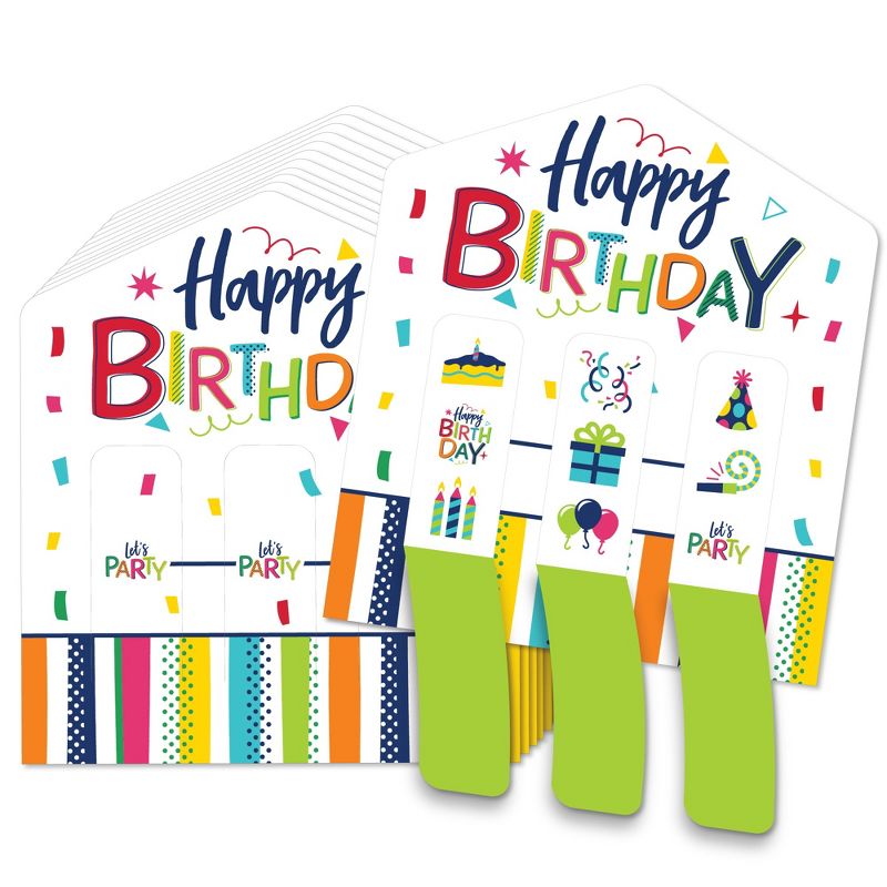 Big Dot of Happiness Cheerful Happy Birthday - Colorful Birthday Party Game Pickle Cards - Pull Tabs 3-in-a-Row - Set of 12, 1 of 7