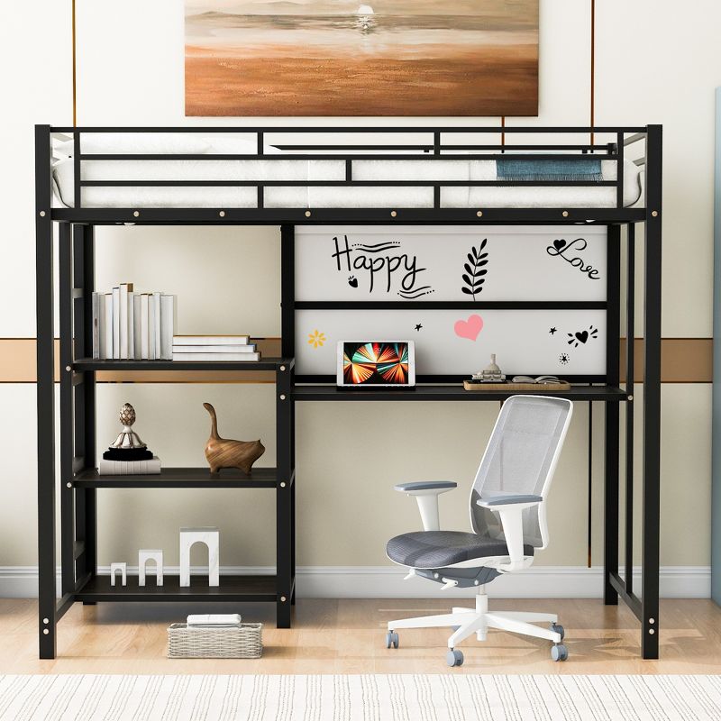 Full/Twin Size Loft Bed with Desk and Whiteboard, Metal Bed with 3 Shelves and Ladder - ModernLuxe, 2 of 13