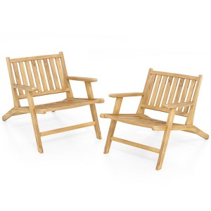 Tangkula 2PCS Teak Wood Outdoor Reclining Chair w/ Comfortable Backrest & Armrests - 1 of 4