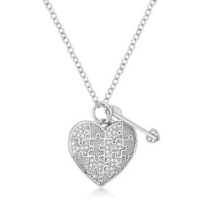 ShineHigh 0.12 Ct Heart and Arrow Pendant Necklace – Rhodium-Plated Puzzle Heart Design with Cubic Zirconia Accents on Adjustable Chain
