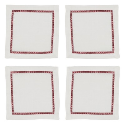 Burgundy Embroidered Border Polyester Cocktail Napkins, Set of 4