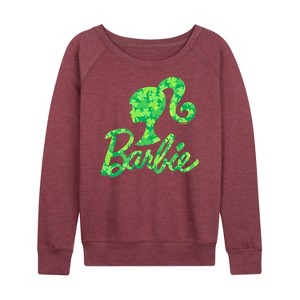Women's - Barbie - Shamrock Pattern Logo Lightweight French Terry Wide Neck Long Sleeve Shirt - 1 of 4